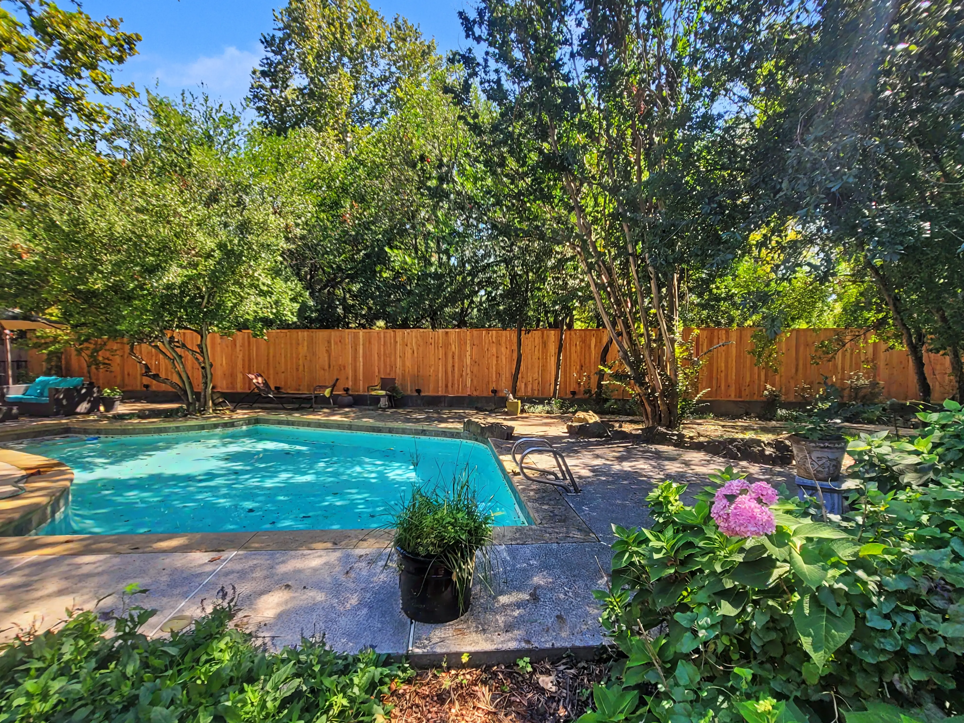 Design-forward premium cedar fencing around a pool area in Midtown Tulsa