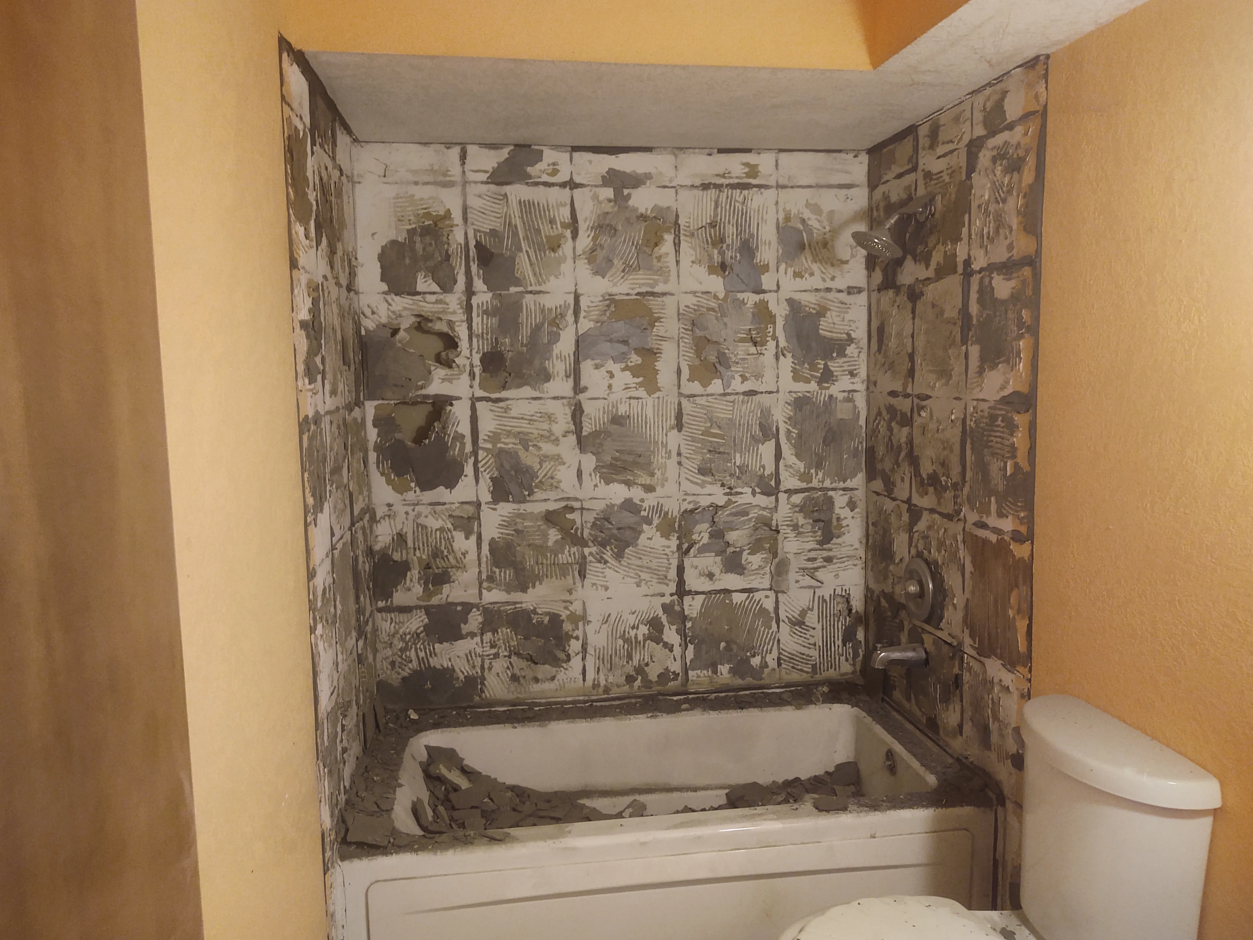 Bathroom remodel process showing in-progress surface and fixture updates.